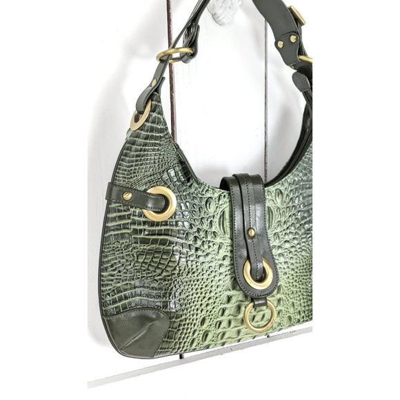 Charlie Lapson green Italian leather croc reptile embossed shoulder handbag - Picture 5 of 8